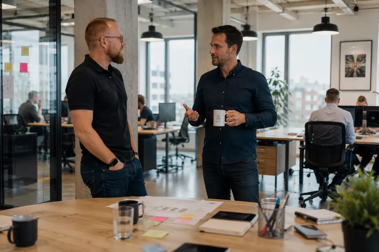 Two people talking in an office before a consultation about an MCP server