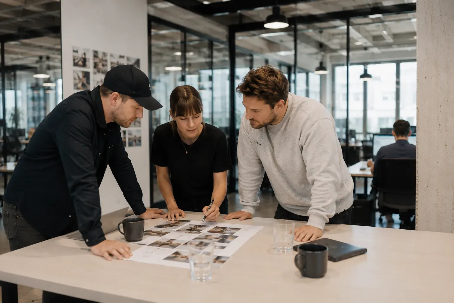 Three people planning an MCP server project over a printed tool map at a shared table